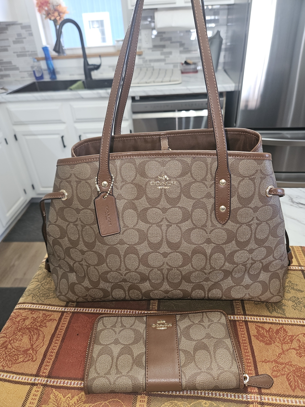 Coach Brown Signature Canvas Tote with Leather Trim and Wallet